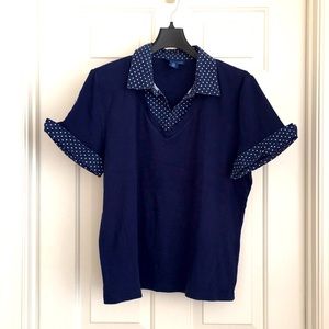 Karen Scott Top XL Blue Collar Shirt Polka Dots Short Sleeves